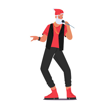 Trendy Santa Claus Artist Singing Rock or Rap Music on Scene, Hipster Father Noel Character in Modern Clothes and Hat Hold Microphone Isolated on White Background. Cartoon People Vector Illustration