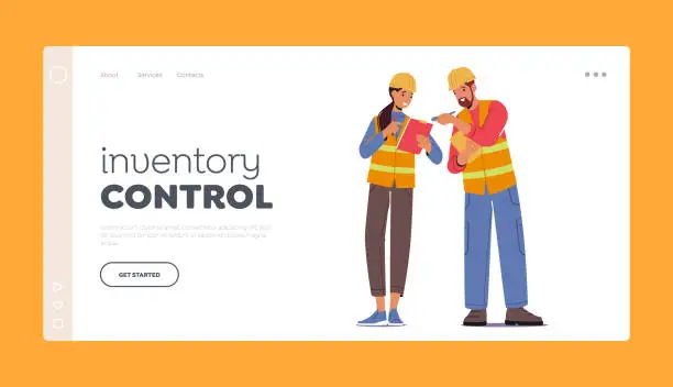 Vector illustration of Inventory Control Landing Page Template. Characters Wear Hardhat with Clipboard. Warehouse Employees, Engineer