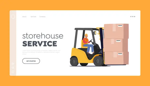 Vector illustration of Cargo Logistics and Warehouse Service Landing Page Template. Worker Driving Forklift with Boxes Delivering Freight