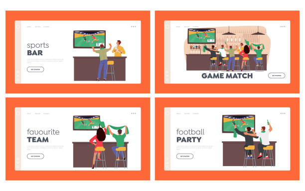 Football Fans Watching Match on Tv Landing Page Template Set. Excited People with Beer Cheer for Favorite Soccer Team Football Fans Watching Match on Tv Landing Page Template Set. Excited People with Beer and Scarf Cheer for Favorite Soccer Team Sit on High Chairs in Night Club Rear View. Cartoon Vector Illustration men watching soccer game stock illustrations