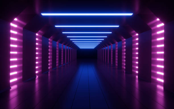 istock Glowing neon lines and tunnel, 3d rendering. 1439331429