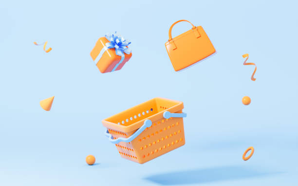 istock Shopping basket and gifts with blue background, 3d rendering. 1439331491