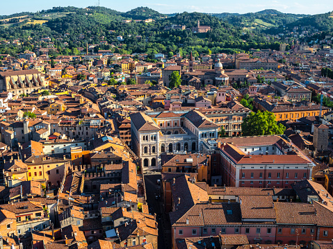 Aerial view of streets and buildings of the historical center of Bologna, Italy. The image was taken from the Asinelli Tower, one of famous Two Towers (Le due torri) - the symbol of Bologna.