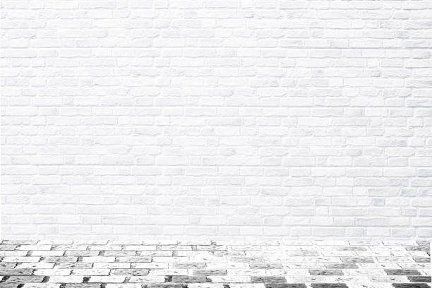 istock Brick wall and floor, antique old grunge white grey texture wide panorama background 1439339958