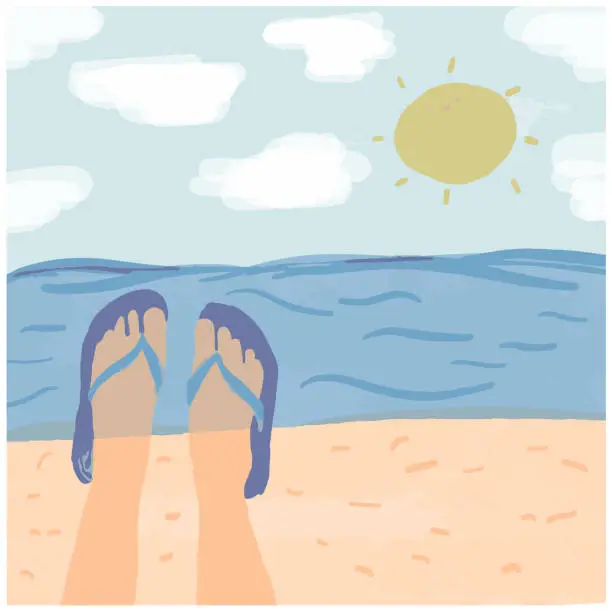 Vector illustration of Sun sea and beach with feet in slippers