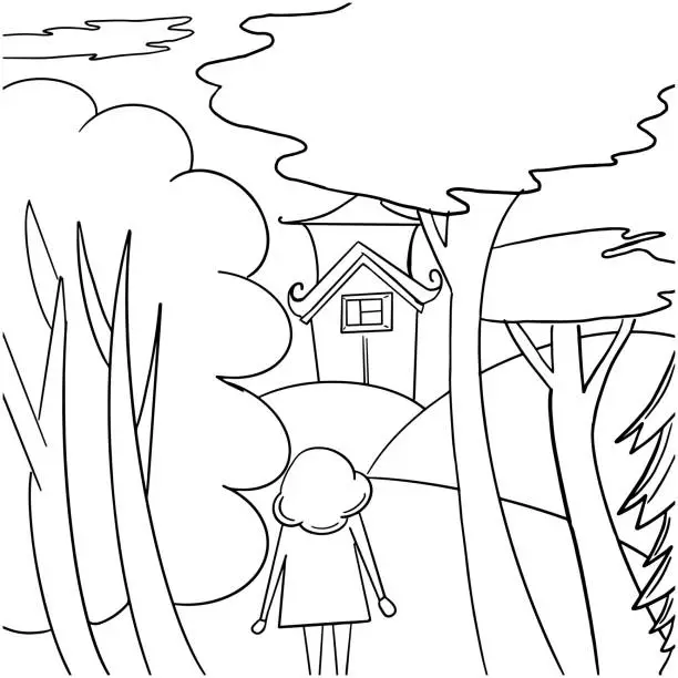 Vector illustration of girl walking along the path to house through the forest