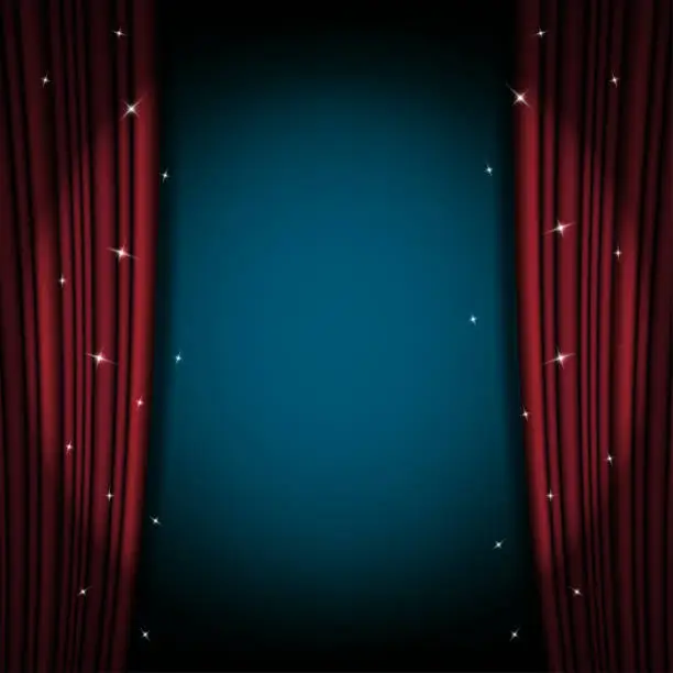 Vector illustration of Open red curtain theater background with sparkling stars. Vector illustration