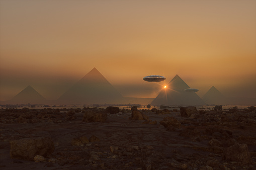 Flying UFOs over mysterious pyramids on distant planet. 3D generated image.