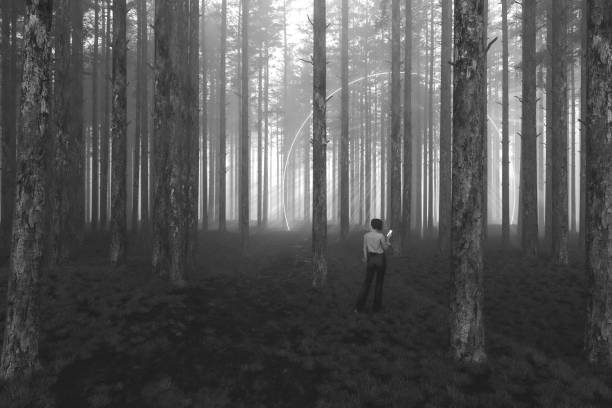 Woman walking in mysterious forest. 3D generated image.