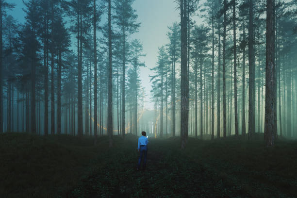 istock Woman walking in mysterious forest 1439344441