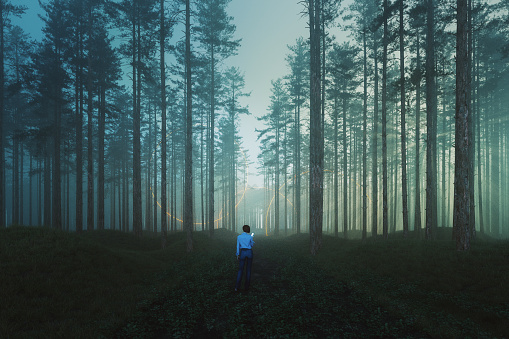 Woman walking in mysterious forest. 3D generated image.