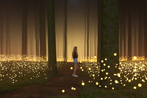 Young woman on the phone in mysterious forest. 3D generated image.