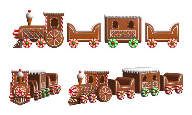 Vector illustration of isolated gingerbread train. 3d christmas train illustration