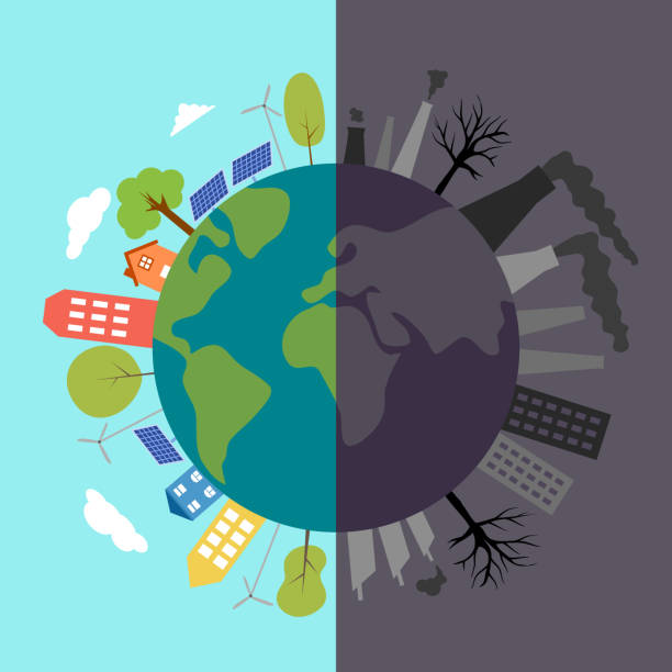 istock Compare of green ecology planet and environmental pollution in flat design. Save the earth concept vector illustration. 1439357971