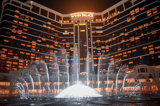 Macau: 11th December 2018: Beautiful view of the fountain show at Wynn Palace hotel of Macau.