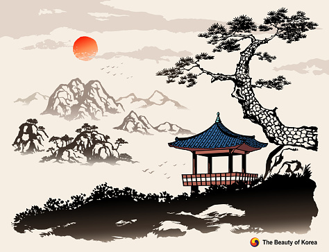 Beautiful Korea, nature landscape with sunrise and hanok, ink painting, Korean traditional painting vector illustration.