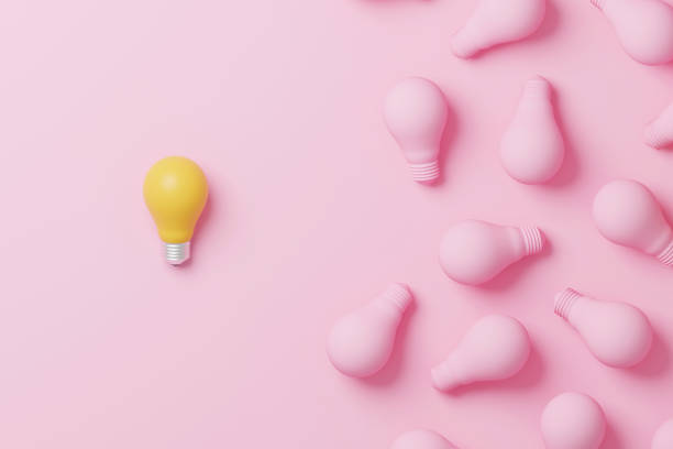 istock Light bulb yellow outstanding among lightbulb group. Concept of creative idea and innovation, Unique, Think different, Individual and standing out from the crowd. 3d render illustration 1439372747