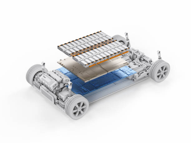 elektroauto mit batteriezellen-modul auf plattform - battery status stock-fotos und bilder