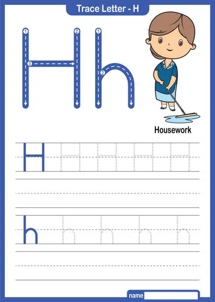 Vector illustration of Alphabet Trace Letter A to Z preschool worksheet with the Letter H Housework Pro Vector