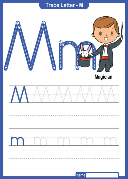 Vector illustration of Alphabet Trace Letter A to Z preschool worksheet with the Letter M Magician Pro Vector