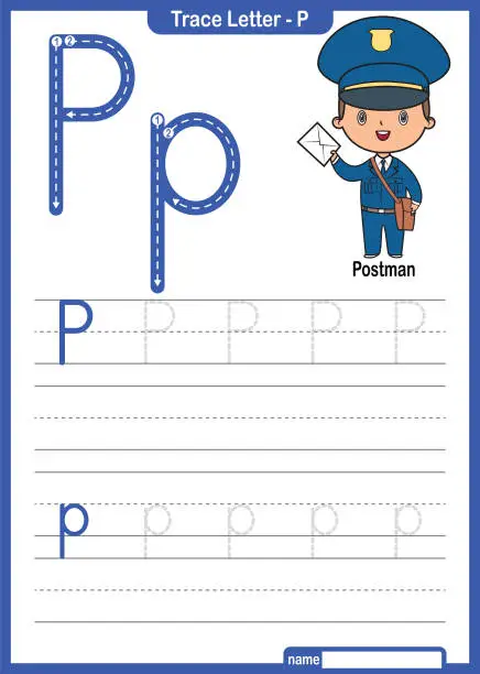 Vector illustration of Alphabet Trace Letter A to Z preschool worksheet with the Letter P Postman Pro
