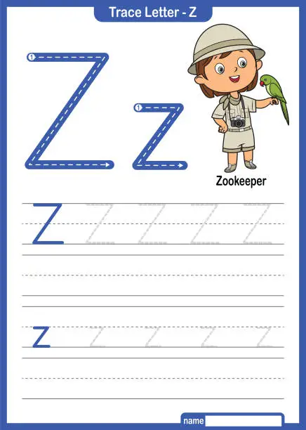Vector illustration of Alphabet Trace Letter A to Z preschool worksheet with the Letter Z Zookeeper Pro Vector