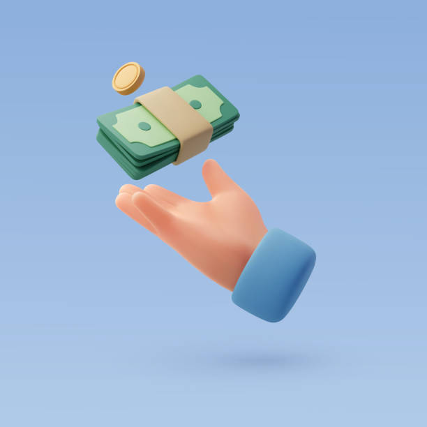3d human hand receive coin and notes money, earnings income and finance concept. 3d human hand receive coin and notes money, earnings income and finance concept. Eps 10 Vector. money stock illustrations