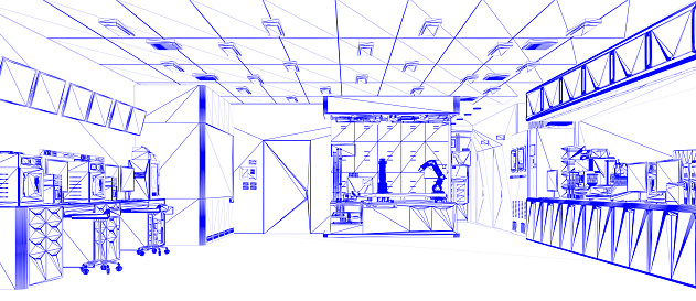 3d rendering white futuristic laboratory interior in semiconductor manufacturing factory with machine, computer screen and robotic arms sketch