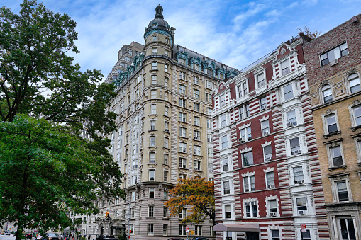 Central Park West area of New York City, ornate old beaux-arts style apartment buildings