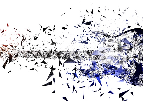 3d illustration of exploding blue guitar