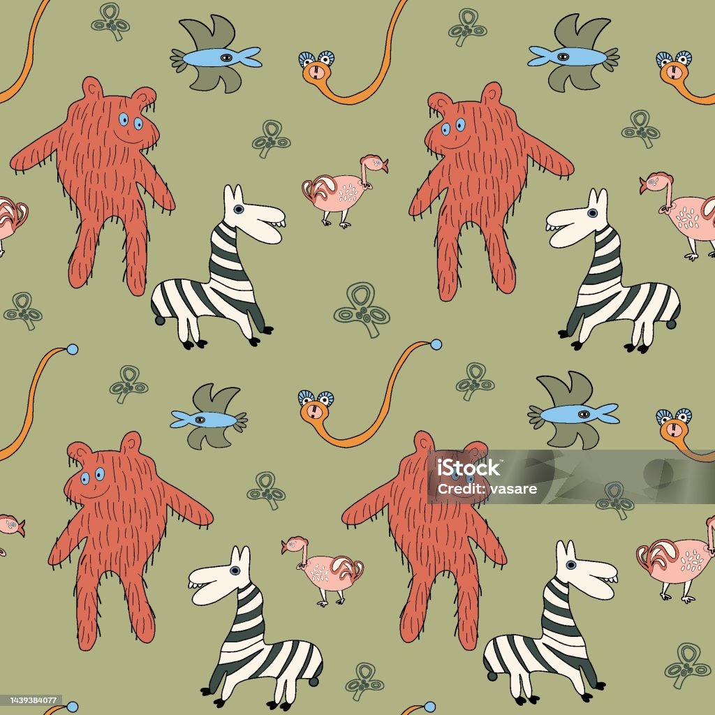 Kid Friendly Seamless Pattern With Animals Childish Style Drawing Stock  Illustration - Download Image Now - iStock