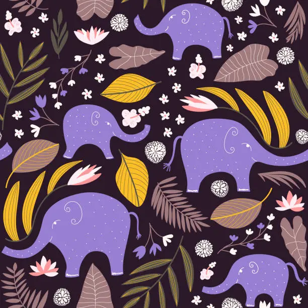 Vector illustration of Elephants nursery print in purple, orange and brown. Seamless pattern.