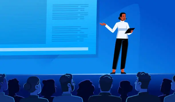 Vector illustration of Conference or scientific seminar. Woman performing on stage in front of an audience in the hall. Business lecture, event