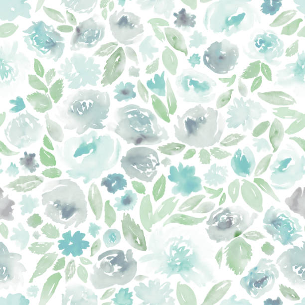 istock Floral in grey, robin egg blue and pale apple green. Seamless watercolor pattern. 1439388346