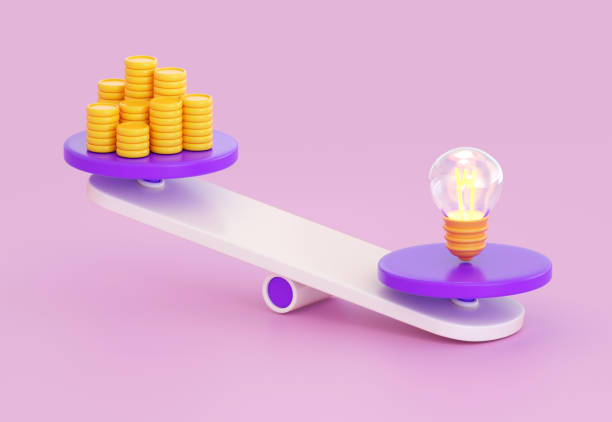 istock 3d  scale icon with coins stack and lightning bulb. Weight, comparison, money safe, exchange, idea, management and investing concept. Realistic 3d high quality render 1439390348