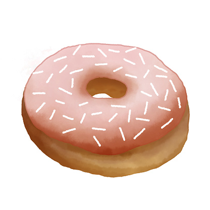 pink strawberry flavored donuts with icing topping isolated on white background with clipping path in cartoon watercolor style. doughnut with decorated white sprinkles.