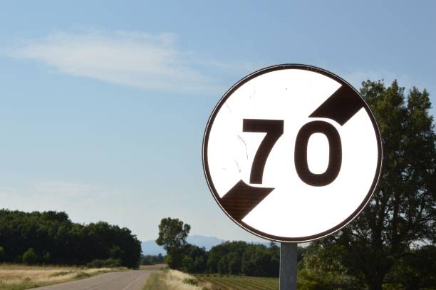 istock 70 Kilometers speed warning sign on a road 1439395171