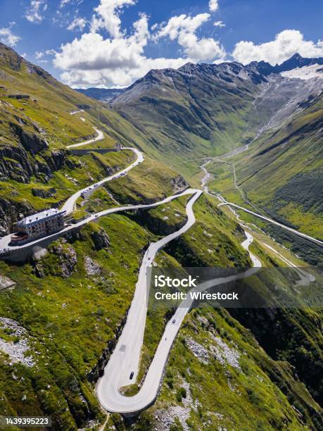 Drone Shot Of Swiss Mountain Roads The Furka Pass And Susten Pass Next To The Rhone Glacier Stock Photo - Download Image Now