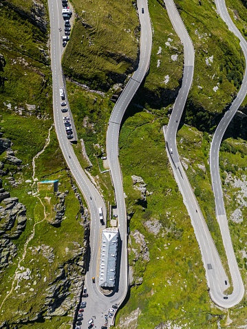 An aerial view of Swiss Mountain Roads, The Furka Pass and Susten Pass next to the Rhone Glacier