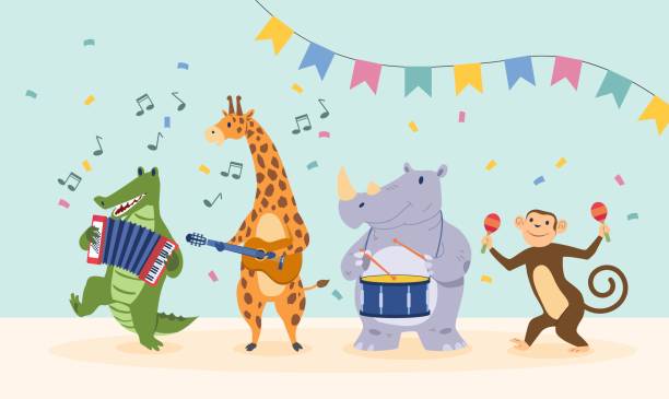 Cute Safari Animals Parade Cute Safari Animals Parade. Crocodile, giraffe, rhinoceros and monkey with musical instruments. Accordionist, drummer and guitarist. Art and creativity for kids. Cartoon flat vector illustration sketches of elephants background stock illustrations