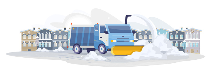 Snow removing in the city. Snowplow working on the snowy road. Snow truck cleaning streets in town. Winter public works on snow removal. Flat horizontal vector illustration.