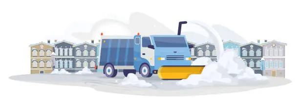 Vector illustration of Snow removing in the city. Snowplow working on the snowy road. Snow truck cleaning streets in town. Winter public works on snow removal. Flat horizontal vector illustration.