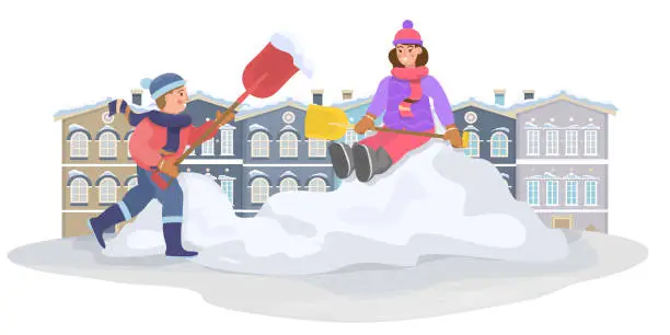 Vector illustration of Boy and girl removing the snow with shovels and having fun. Children cleaning the territory, snowy road. Snow pile. Snow drift in winter. Flat vector illustration.