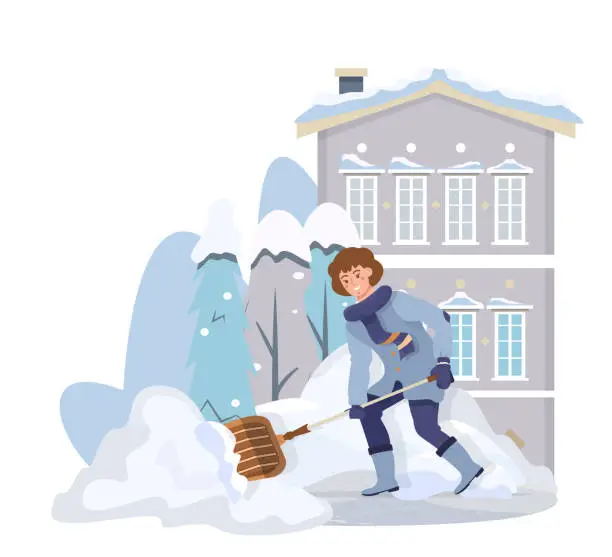 Vector illustration of Woman removing the snow with a shovel. Girl cleaning the territory near the house, snowy road. Snow pile. Snow drift in winter. Flat vector illustration.