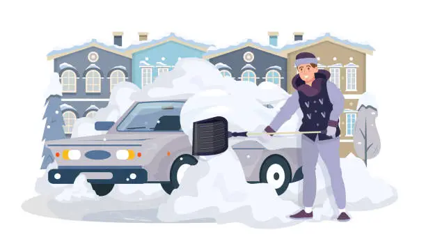 Vector illustration of Man cleaning his car from the snow with a shovel. Car covered with snow. Snowstorm in winter. Snowy roads. Snow removal. Flat vector illustration