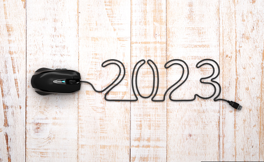 New Year 2023 Creative Design Concept with computer mouse - 3D Rendered Imag