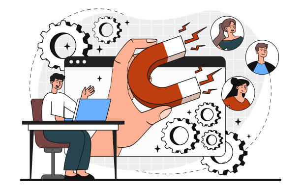 Generating new leads Generating new leads. Man with magnet calls clients and friends. Modern methods of marketing and promotion on Internet. Modern technologies and digital world. Cartoon flat vector illustration target acquisition stock illustrations