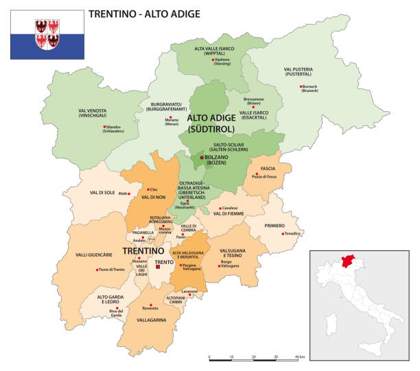 illustrazioni stock, clip art, cartoni animati e icone di tendenza di mappa del trentino-alto adige con la bandiera - trentino alto adige