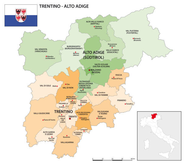 District map of Trentino-Alto Adige with flag District map of Trentino-Alto Adige with flag trentino south tyrol stock illustrations
