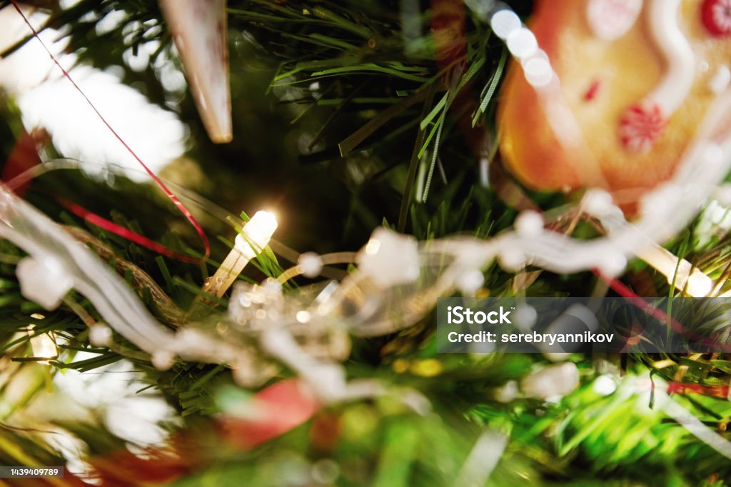 Blurred bright Christmas garland and lamp on the spruce branch in interio Blurred bright Christmas garland and lamp on the spruce branch in interior. New Year backgrounds Abstract Stock Photo